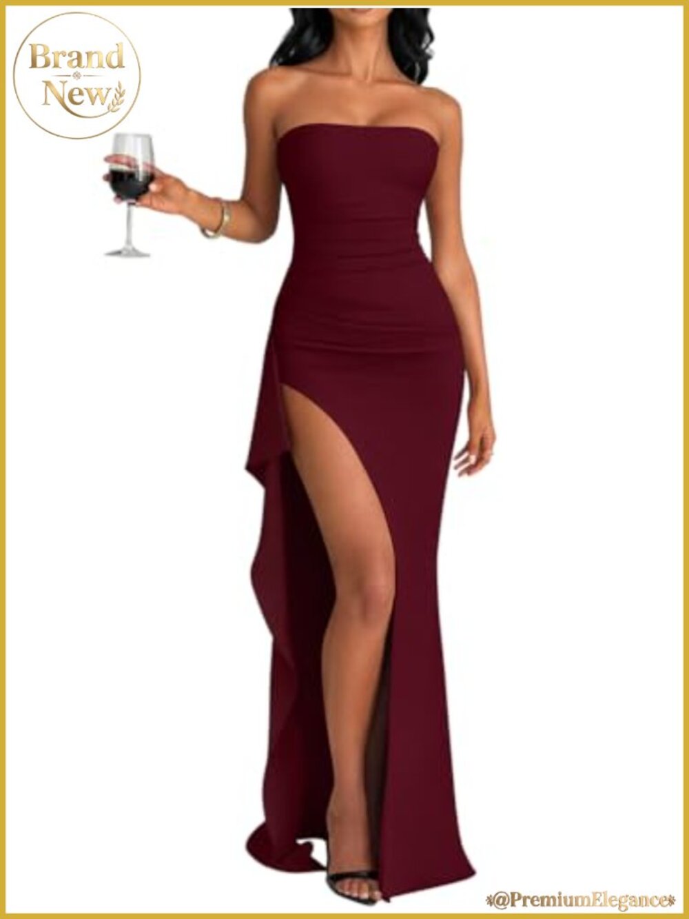 Women's Bodycon High Slit Ruched Strapless Formal Evening Maxi Dress